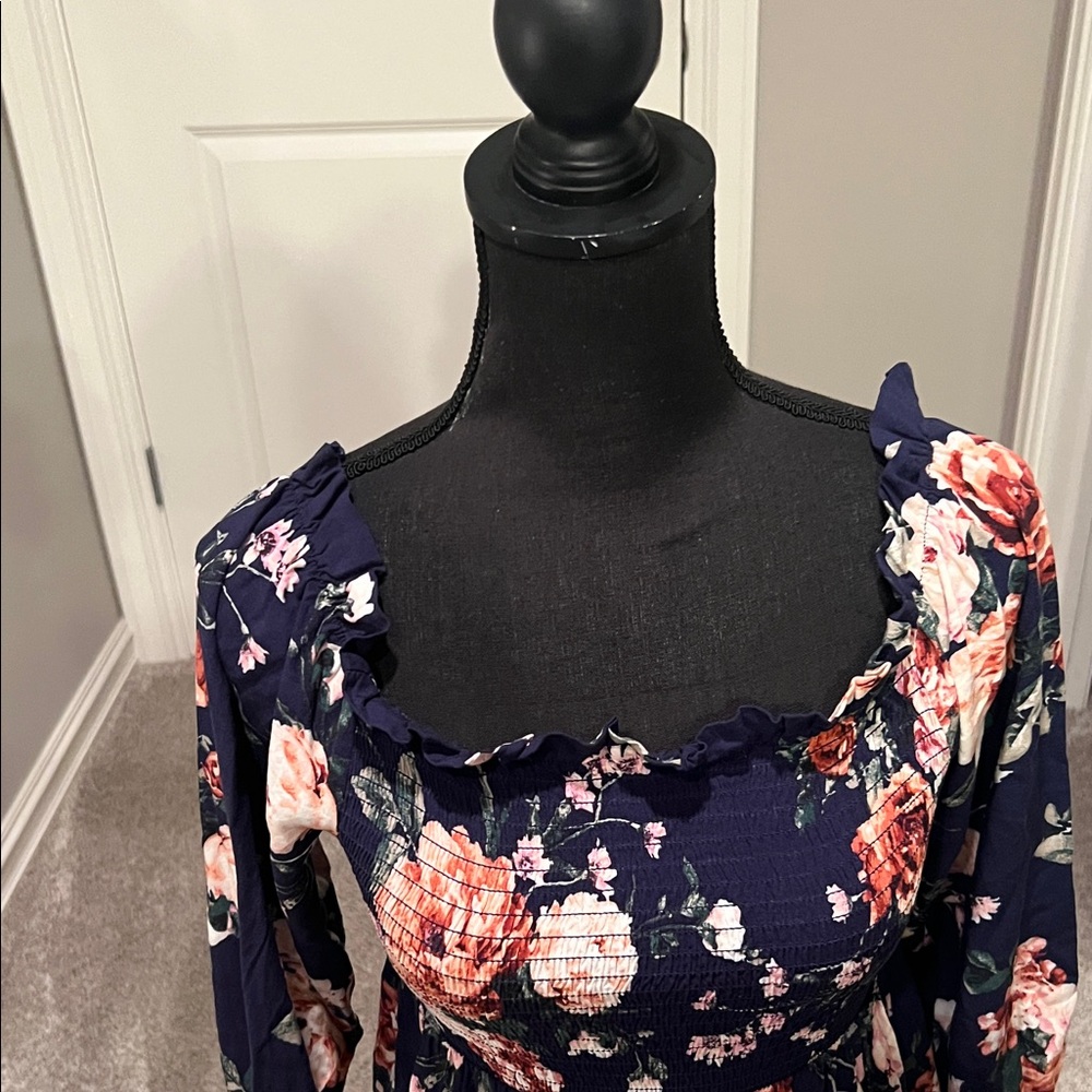 Xhilaration Navy Blue Floral Long Sleeve Dress - Picture 5 of 13